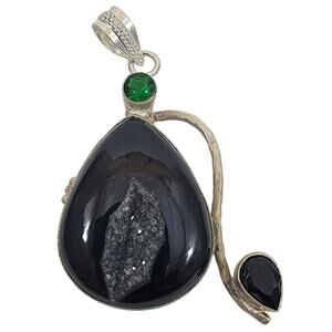 Handmade Silver Pendant with Black Druzy Agate, Onyx & Green Quartz